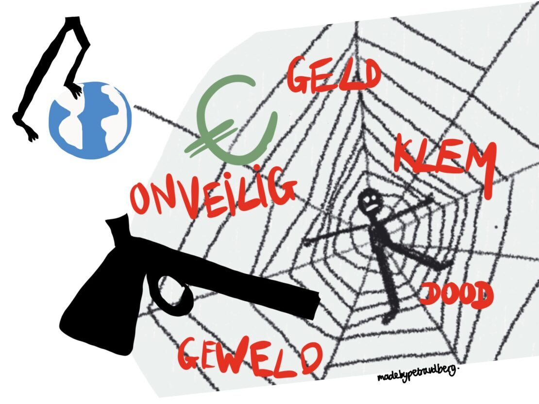 Tekening van man gevangen in spinnenweb en in het rood geschreven: klem, geld, onveilig, dood, geweld. En in het zwart een wapen in het groen een euro teken. Daarnaast uitgebeeld: als je in de wereld stapt van de criminaliteit.